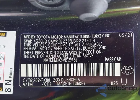 2021 Toyota C-Hr Xle из США, поврежденный, VIN NMTKHMBX3MR129466